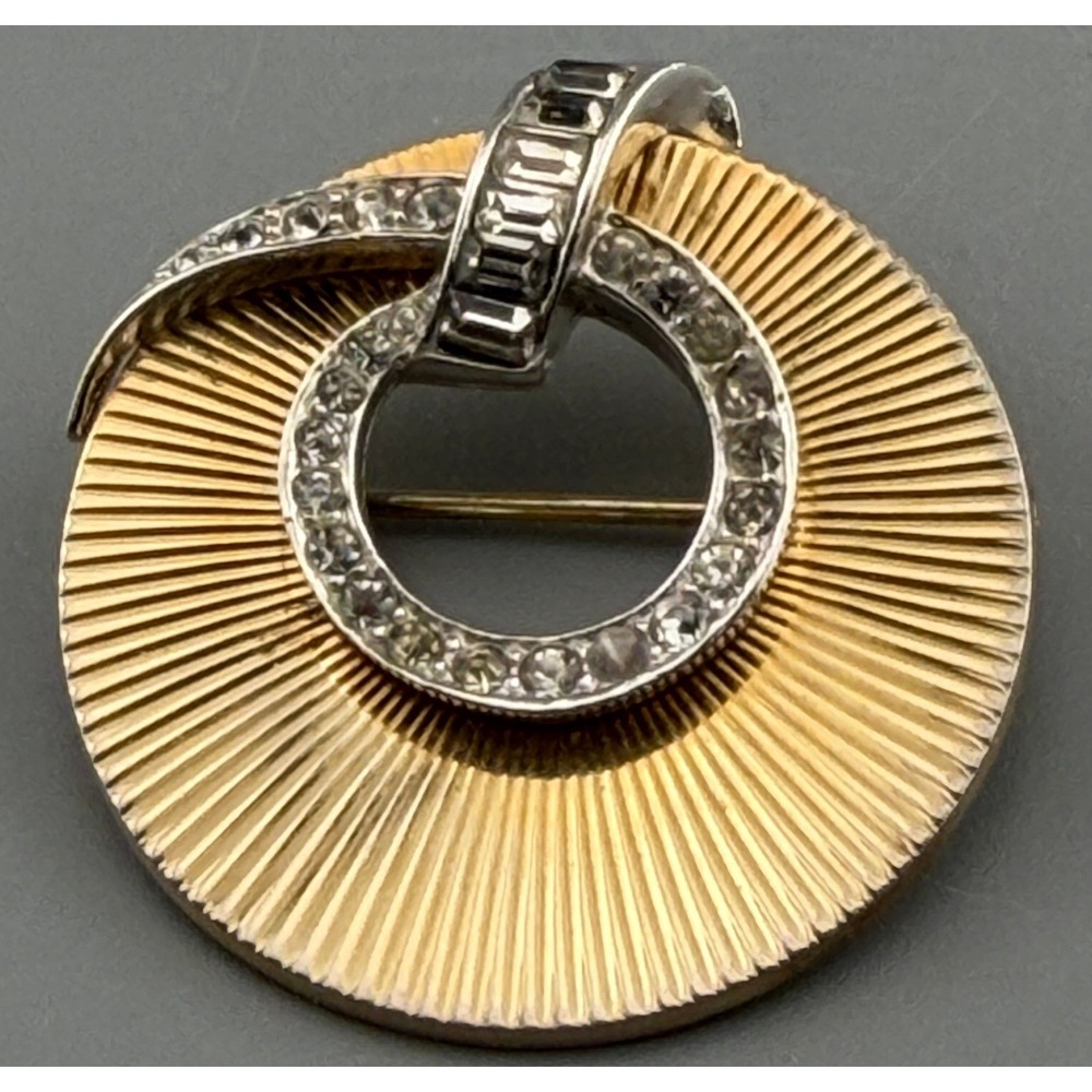 Vintage Marcel Boucher Brooch Circle Twist Gold Tone and Rhinestone Brooch 1.25"